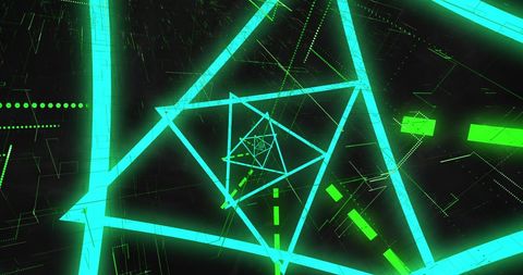 Neon triangular spiral with vibrant green elements on black