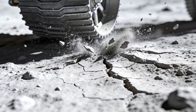 Lunar rover wheel crushing cracked regolith, sending dust and debris close-up