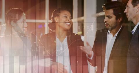 Business Team Discussing Financial Strategy with Overlaid Data