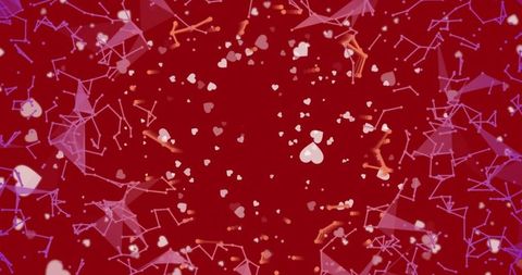 Floating heart bokeh and glowing polygon mesh over deep red for romantic tech background