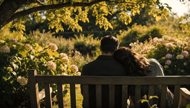 Couple sitting on wooden bench, woman leaning on partner in sunlit hydrangea garden