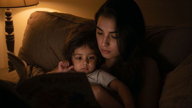 Mother Reading to Child in Cozy Dimly Lit Living Room