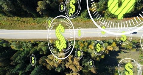 Blue car driving on rural autumn road with floating dollar hud icons for travel cost