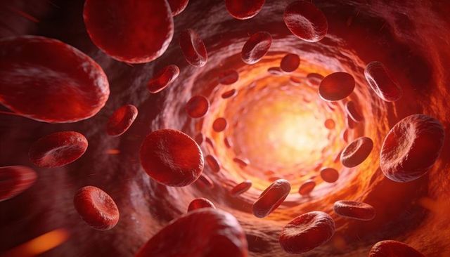 Backlit red blood cells flowing through vessel lumen, glowing 3d medical visualization