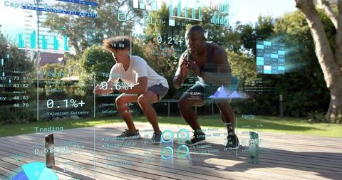 Performing Dynamic Partner Squats on Backyard Deck with Futuristic Fitness HUD Overlays