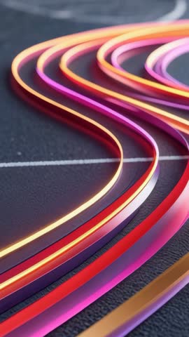 Gliding Neon Ribbons Pulsing Color Along Curved Track Vertical Motion Loop