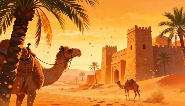Saddled camel standing by desert fortress gate at sunset with palm silhouettes, caravan tracks