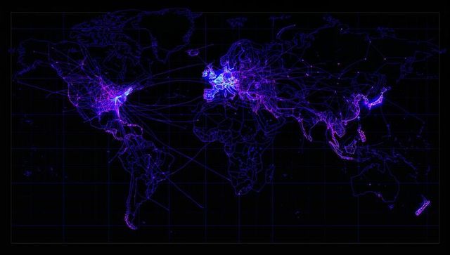 Neon Network Across Continents on World Map