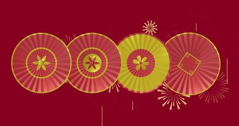 Festive circles and fireworks on red background