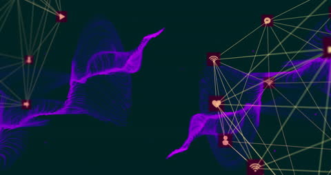 Abstract Digital Network with Glowing Icons and Moving Globes