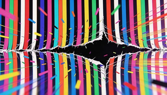 Torn rainbow stripes revealing black void with exploding confetti and motion blur