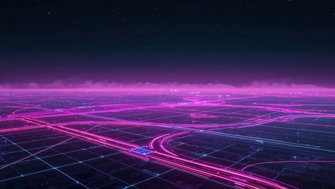 Glowing magenta highway grid stretching to horizon, neon cyberpunk road network at night