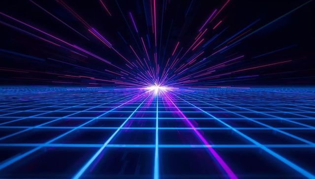 Dynamic Neon Grid with Futuristic Light Streaks in Cyberpunk Setting