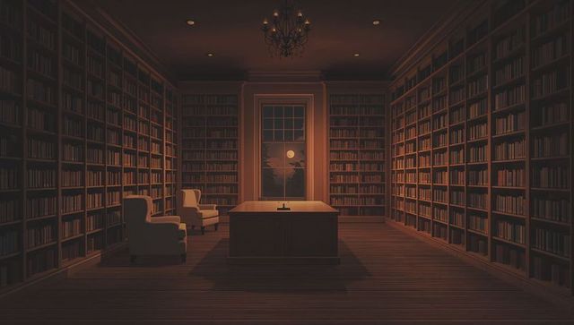 Moonlight Bathing Library with Central Wooden Desk and Inkwell, Warm Study Ambience