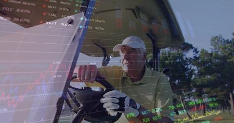 Driving senior man gripping wheel in golf cart on course with stock market overlay