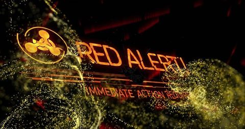 Futuristic red alert interface with swirling energy streams