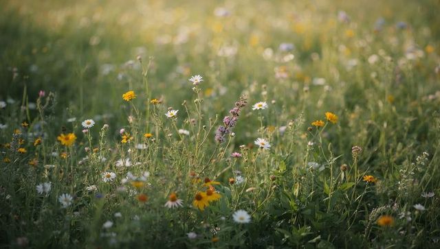 Sunlit wildflower meadow blooming with daisies and yellow blossoms swaying in golden hour
