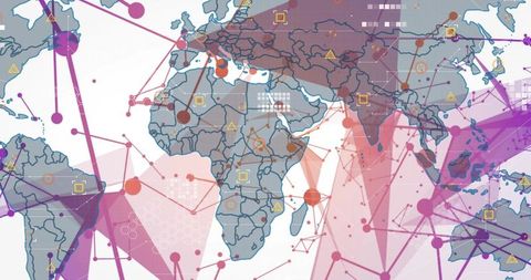 Global network map with interconnected nodes and neon polygon overlays for infographics