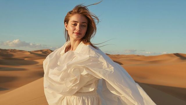 Elegant woman embracing desert breeze amid golden sand dunes