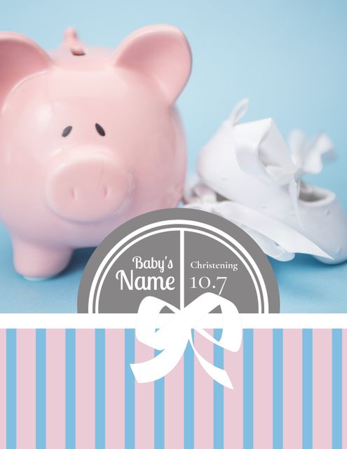 Christening Invite Template with Piggy Bank and White Baby Shoes - Download Free Stock Templates Pikwizard.com