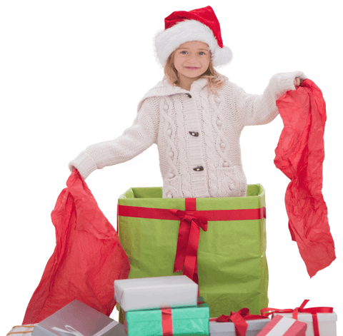 Joyful Girl in Santa Hat with Christmas Presents on Transparent Surface