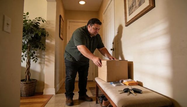 Man placing delivery box on foyer bench near keys, mail and shoes by front door