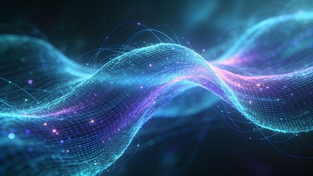 Flowing luminous particle mesh ribbon representing futuristic data stream and ai network