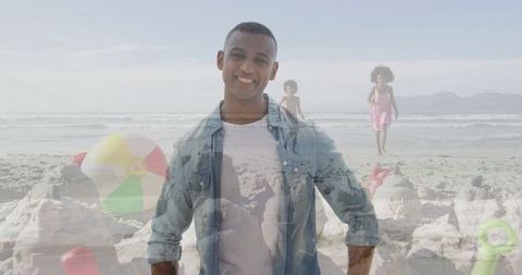 Father enjoying beach time with children on sunny shore