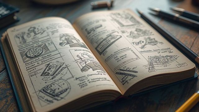 Open sketchbook featuring storyboard sketches on creative desk