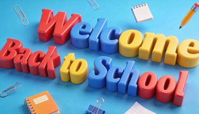 Bright glossy 3d welcome back to school letters with stationery on blue background