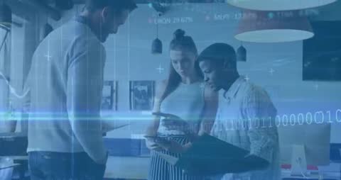 Collaborative Teamwork in Modern Tech Office with Financial Data Overlay