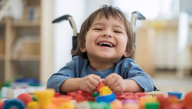 Happy Toddler in Wheelchair Playing with Colorful Blocks