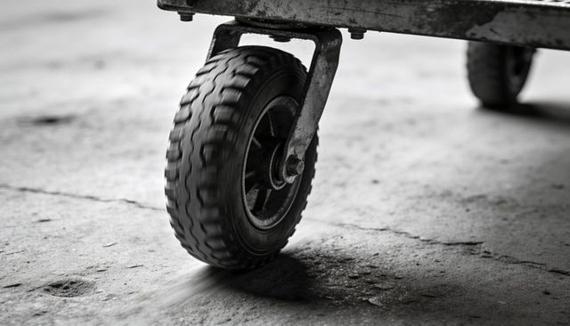 Closeup caster wheel rolling on cracked concrete showing knobby tread and corroded hub