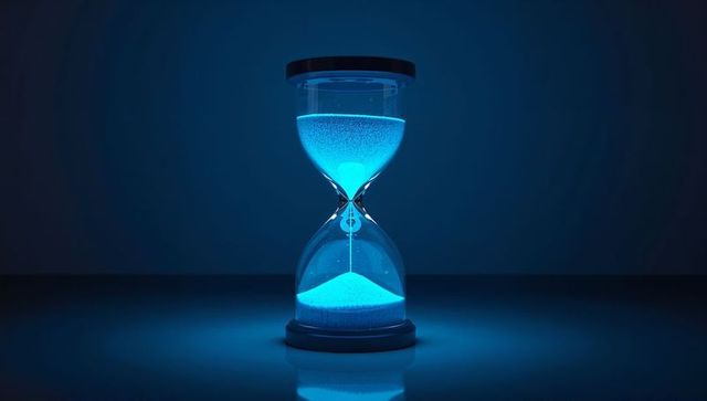 Elegant blue hourglass with glowing sand on dark background