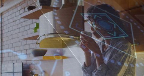 Adult woman holding mug smelling coffee in rustic kitchen with holographic ar overlay