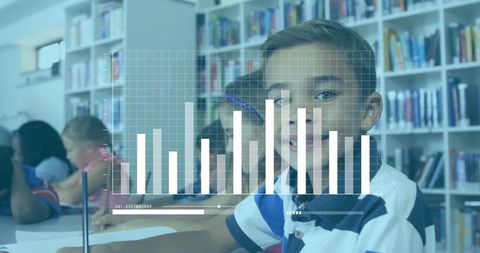 Children in classroom with overlay financial data graph