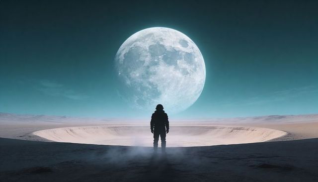 Astronaut silhouette standing at crater rim under giant moon, surreal desert nightscape