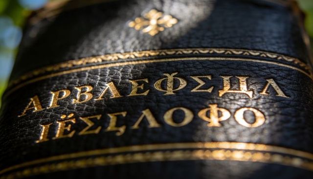 Sunlit black leather book spine with gold embossing and ornate crest macro texture detail