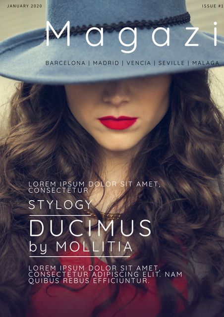 Elegant woman donning a stylish blue hat and vibrant red lipstick represents the pinnacle of Spanish fashion. Ideal for use in fashion-related designs, publications, marketing materials, blog graphics, and social media promotions to convey sophistication and trendiness.