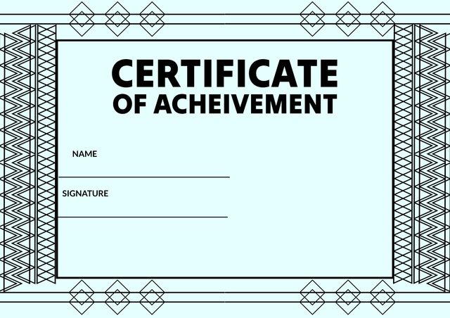 This certificate template features a decorative black border and is ideal for recognizing achievements. Blank spaces for name and signature make it easily customizable for various occasions such as academic awards, employee recognition, and special accomplishments.