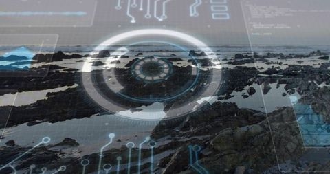 Projecting HUD reticle glowing over rocky coastline low tide with circuit grid overlay