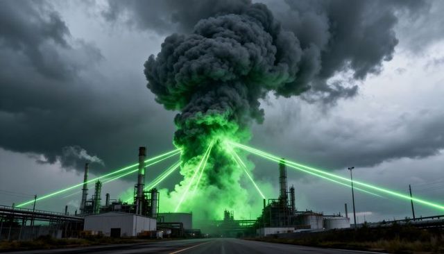 Neon green smoke plume releasing over industrial refinery with laser beams and storm clouds