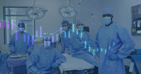 Surgical team with health data analytics overlay showing clinical performance trends