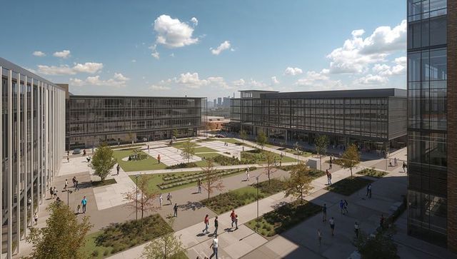 Sunlit modern university courtyard with walking students, glass buildings and green lawns
