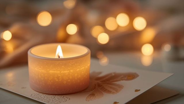 Warm votive candle glowing on gold leaf card with soft bokeh lights for cozy ambience