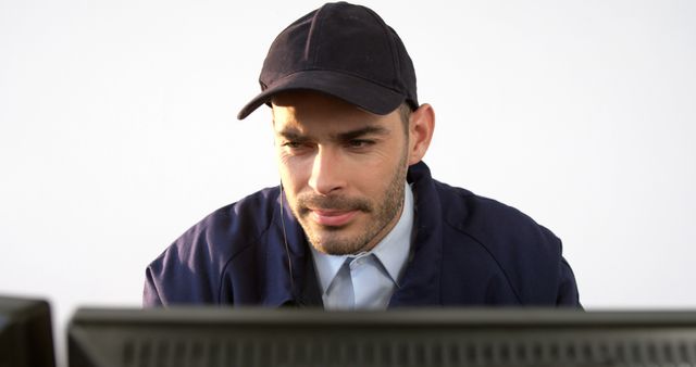 A middle-aged Caucasian man in a work uniform and cap is focused on a computer monitor, with copy space. His expression suggests concentration, troubleshooting or managing a task at his job.