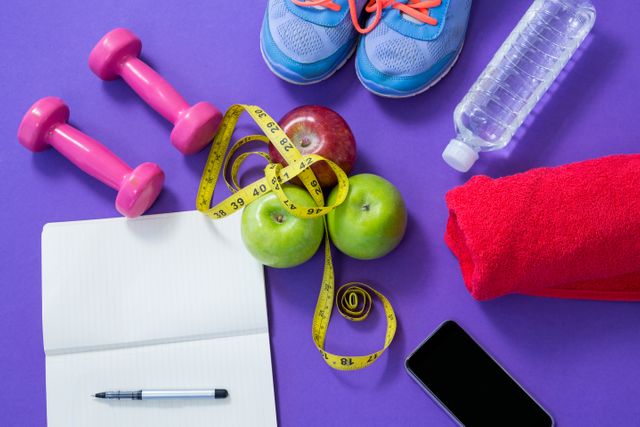 Fitness accessories with opened book, apples, mobile phone and measuring tape on purple background
