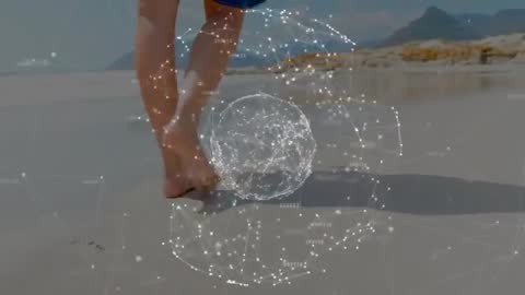 Merging Nature and Technology: Woman Walking on Beach with Digital Sphere
