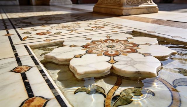 Sunlit carved marble rosette with pietra dura inlay and rippling courtyard water