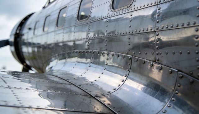 Polished vintage aircraft fuselage featuring rows of rivets and reflective aluminum panels